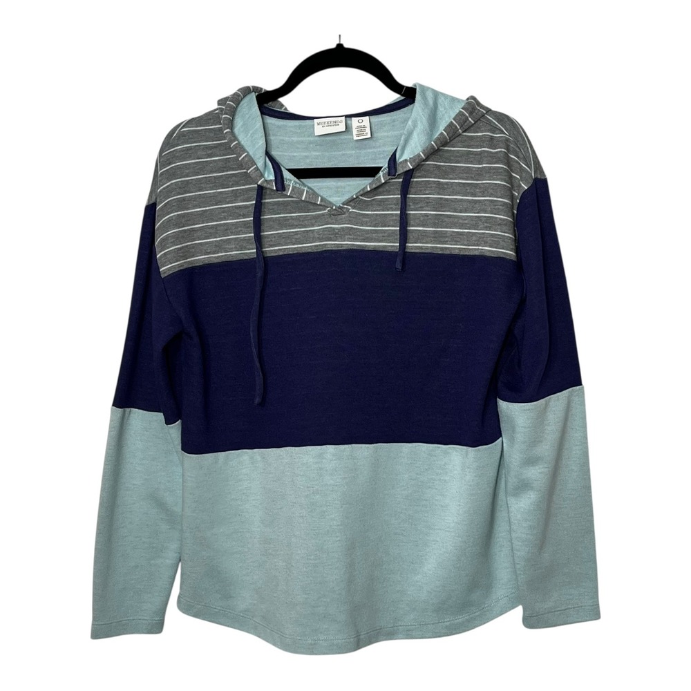 Weekends by Chicos Womens Small Colorblock Striped Hoodie Navy Light Blue Size 0